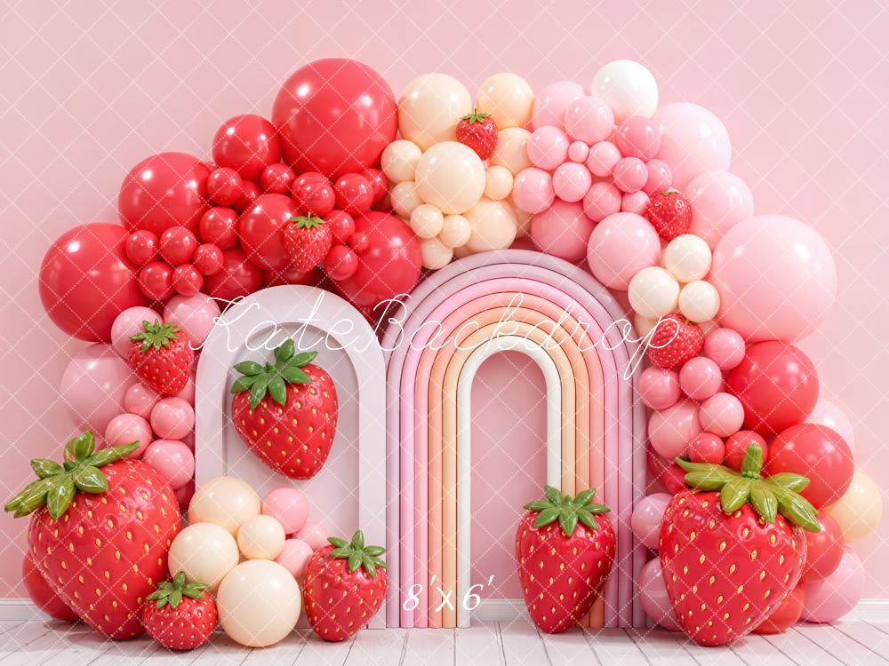 Kate Cake Smash Birthday Strawberry Balloon Arch Pink Rainbow Printed Backdrop Designed by Emetselch