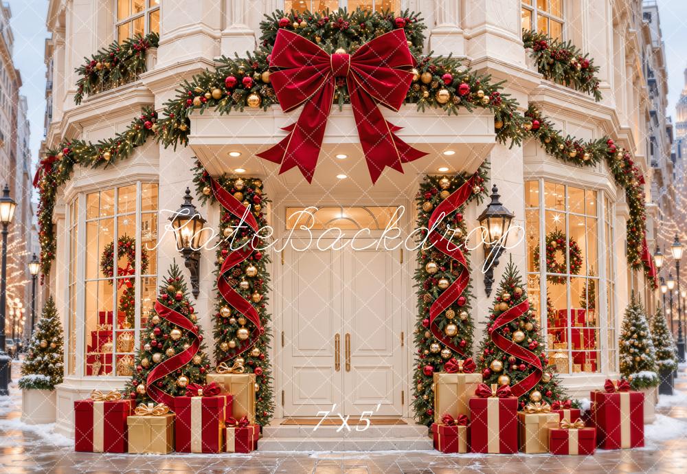 Kate Christmas Red Storefront Garland Bow Gift Boxes Printed Backdrop Designed by Emetselch
