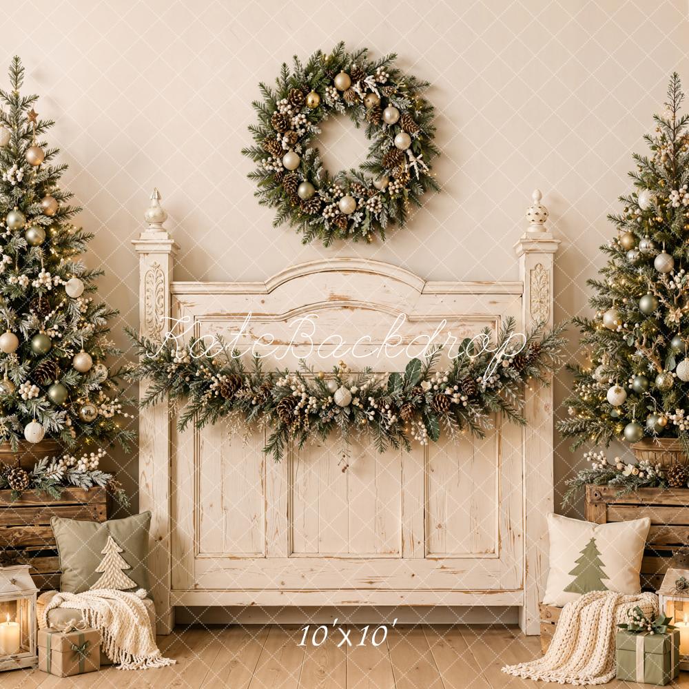 Kate Christmas Rustic Headboard Trees Wreath Lanterns Printed Backdrop Designed by Emetselch