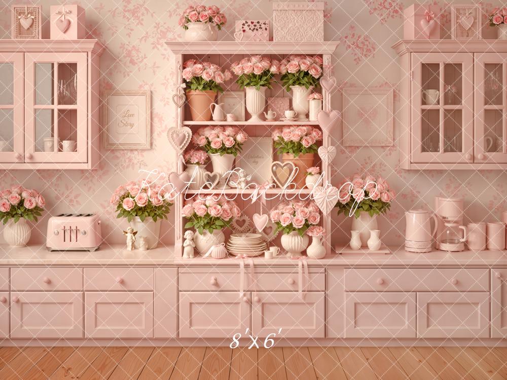 Kate Valentines Pink Kitchen Cabinet Roses Vases Heart Printed Backdrop Designed by Emetselch