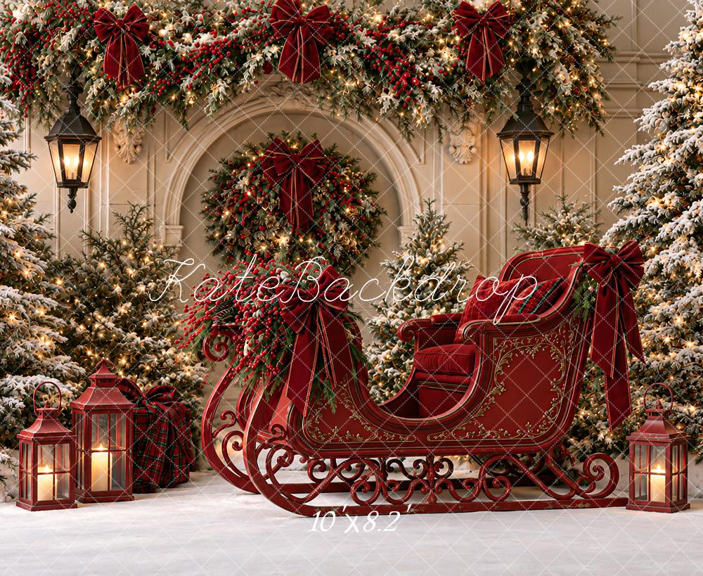 Kate Christmas Red Sleigh Snowy Trees Garland Arch Printed Backdrop Designed by Angela Miller