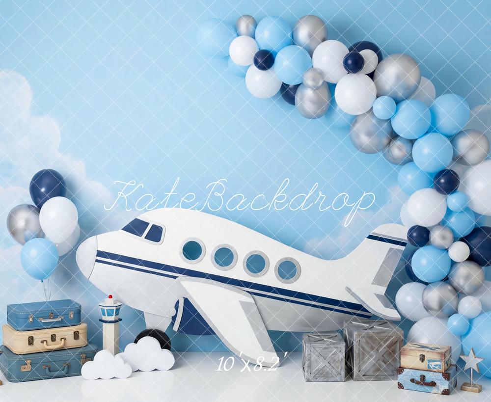 Kate Cake Smash Airplane Balloons Clouds Sky Printed Backdrop Designed by Patty Roberts