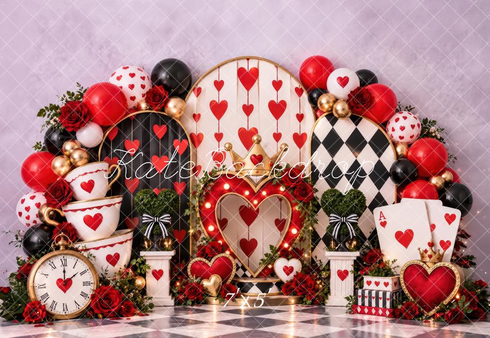 Kate Valentine's Day Red Hearts Balloons Roses Checkerboard Printed Backdrop Designed by Laura Bybee