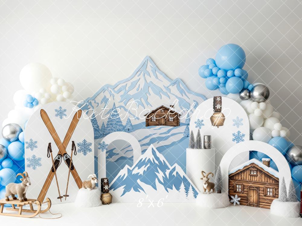 Kate Cake Smash Winter Mountain Chalet Ski Snowflakes Balloons Backdrop Designed by Patty Roberts