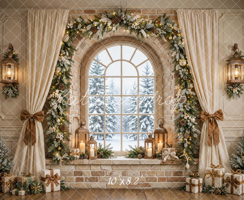 Kate Christmas Beige Arched Window Garland Curtains Bow Printed Backdrop Designed by Emetselch