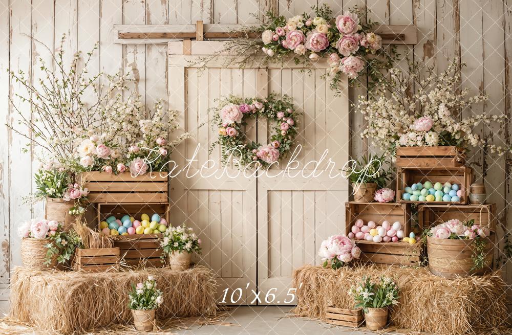 Kate Easter Spring White Barn Door Flowers Eggs Wood Crates Backdrop Designed by Emetselch