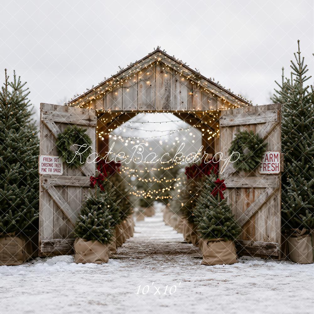 Kate Christmas Tree Farm Rustic Wood Barn Printed Backdrop Designed by Emetselch