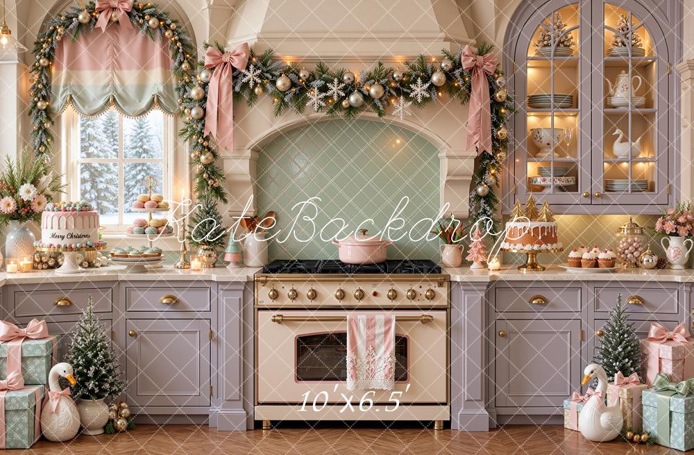 Kate Christmas Pastel Kitchen Garland Stove Baking Purple Printed Backdrop Designed by Shutter Swan Studios