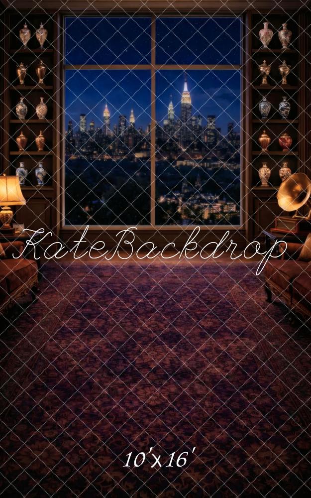 Kate Sweep Night City Skyline Window Cabinet Lamps Printed Backdrop Designed by Vertigo Productions