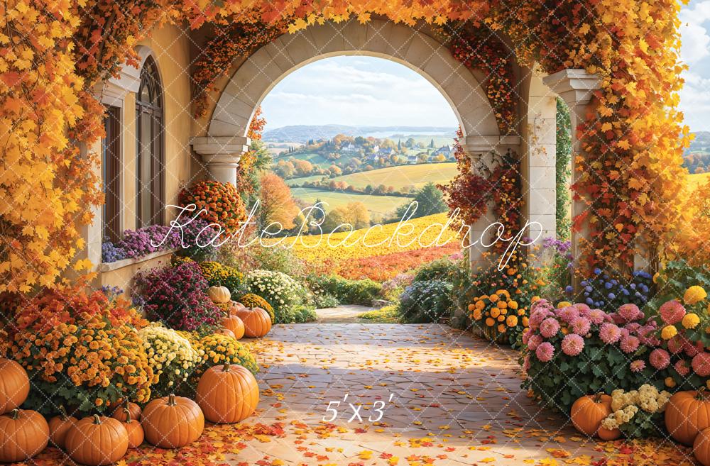 Fall Floral Pumpkin Retro Archway Field Foto Achtergrond Designed by Emetselch