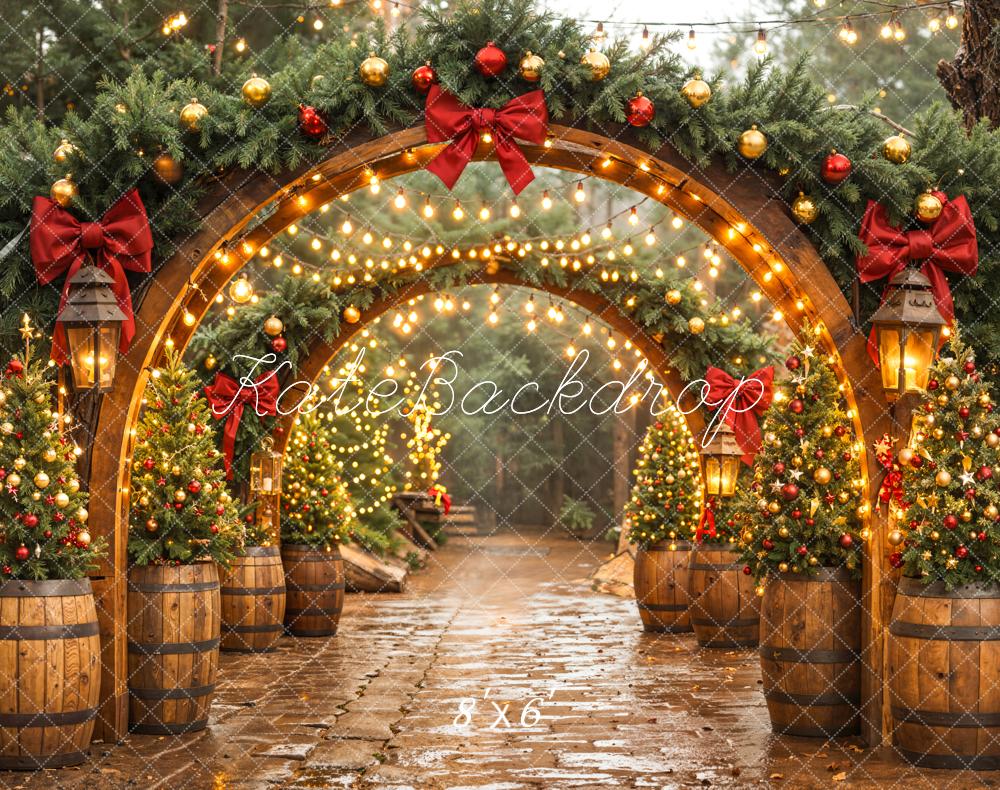 Kate Christmas Wood Arch Garland Barrel Trees Backdrop Designed by Emetselch