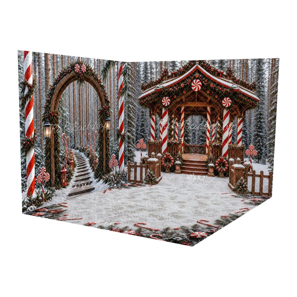 Kate Christmas Candy Cane Gazebo Snowy Forest Printed Backdrop Room Set