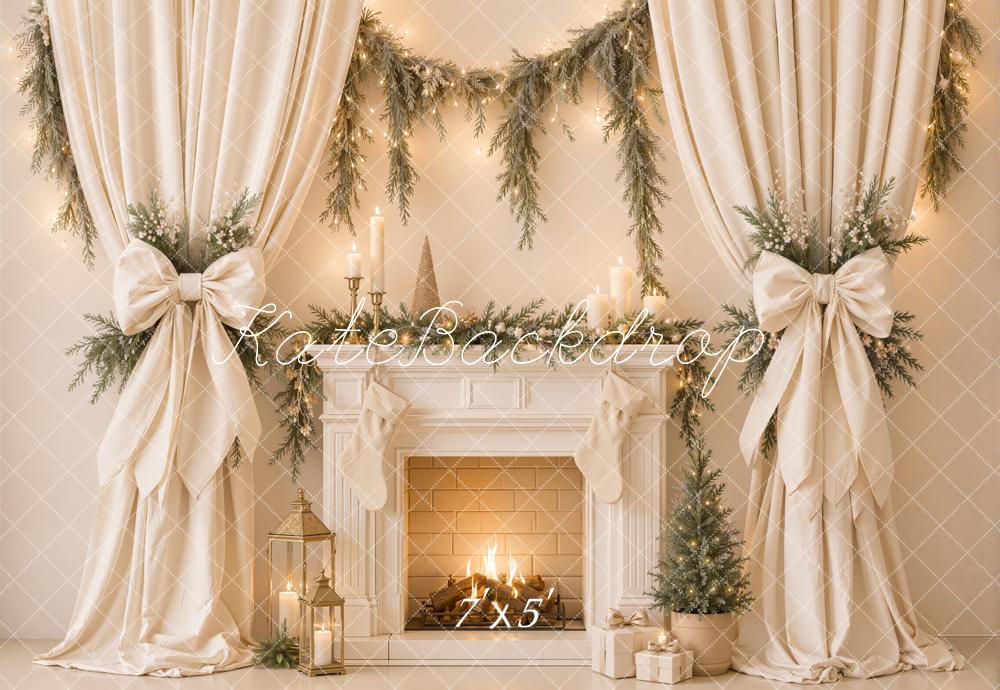 Kate Christmas Fireplace White Drapes Bow Garland Tree Printed Backdrop Designed by Emetselch