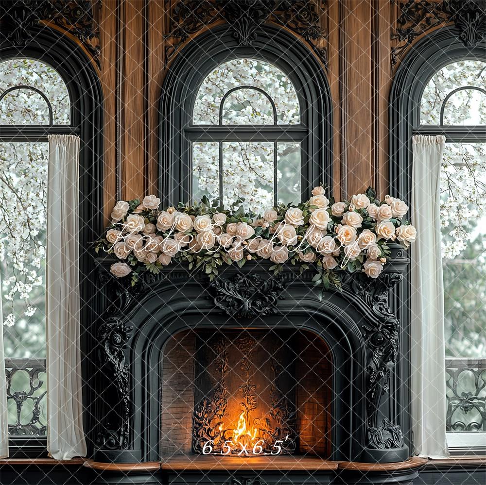 Kate Spring Elegant Black Fireplace Floral Backdrop Designed by Mini MakeBelieve