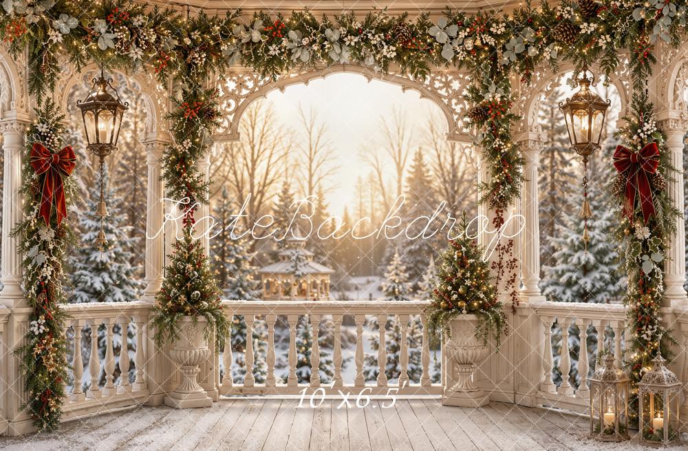 Kate Christmas Gazebo Garland Porch Snowy Trees Printed Backdrop Designed by Emetselch
