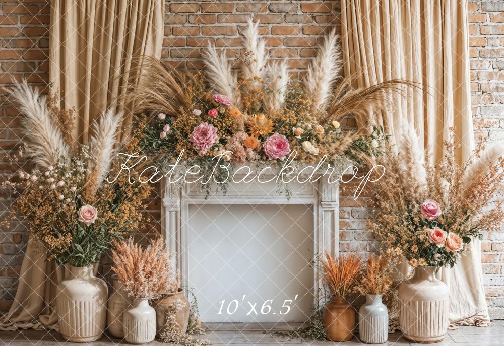 Boho Floral Fireplace Curtain Beige Foto Achtergrond Designed by Emetselch