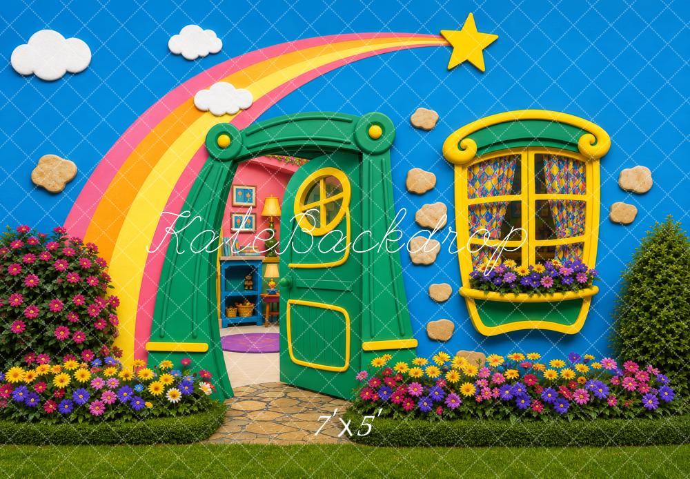 Kate Cake Smash Whimsical Rainbow Star Playhouse Garden Door Window Flowers Printed Backdrop Designed by Shutter Swan Studios