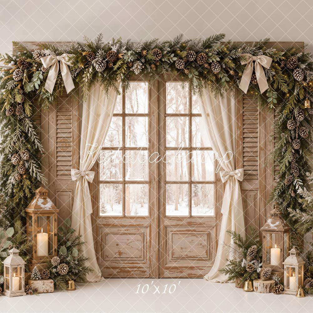 Kate Christmas Rustic Window Door Pine Garland Lantern Trees Printed Backdrop Designed by Emetselch