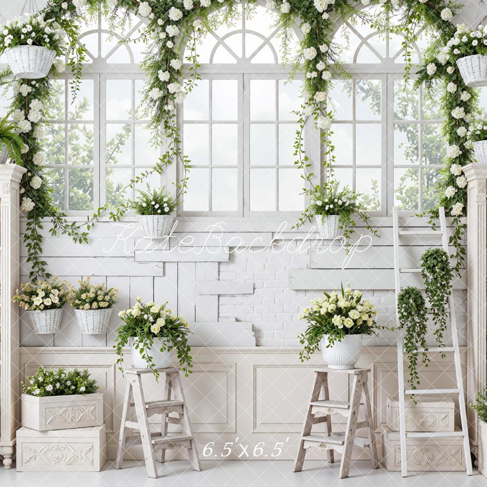 Kate Spring White Garden Flower Arch Shelves Printed Backdrop Designed by Mini MakeBelieve