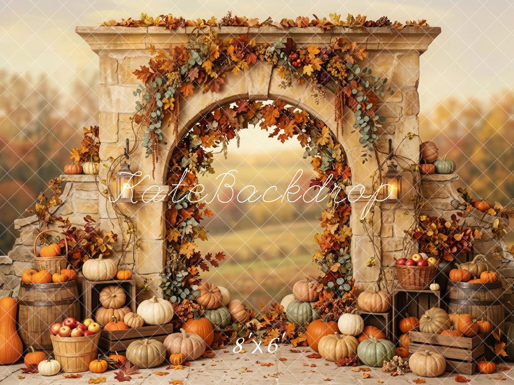 Kate Fall Stone Arch Floral Pumpkin Printed Backdrop Designed by Patty Roberts