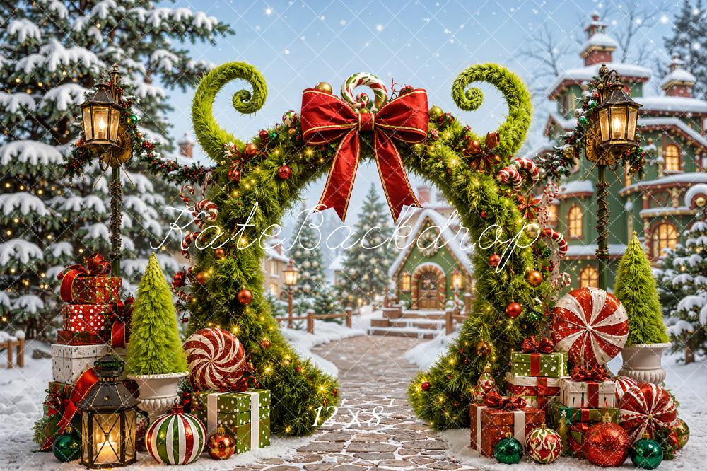 Kate Christmas Fantasy Green Arch Village Peppermint Candy Lane Printed Backdrop Designed by Chain Photography