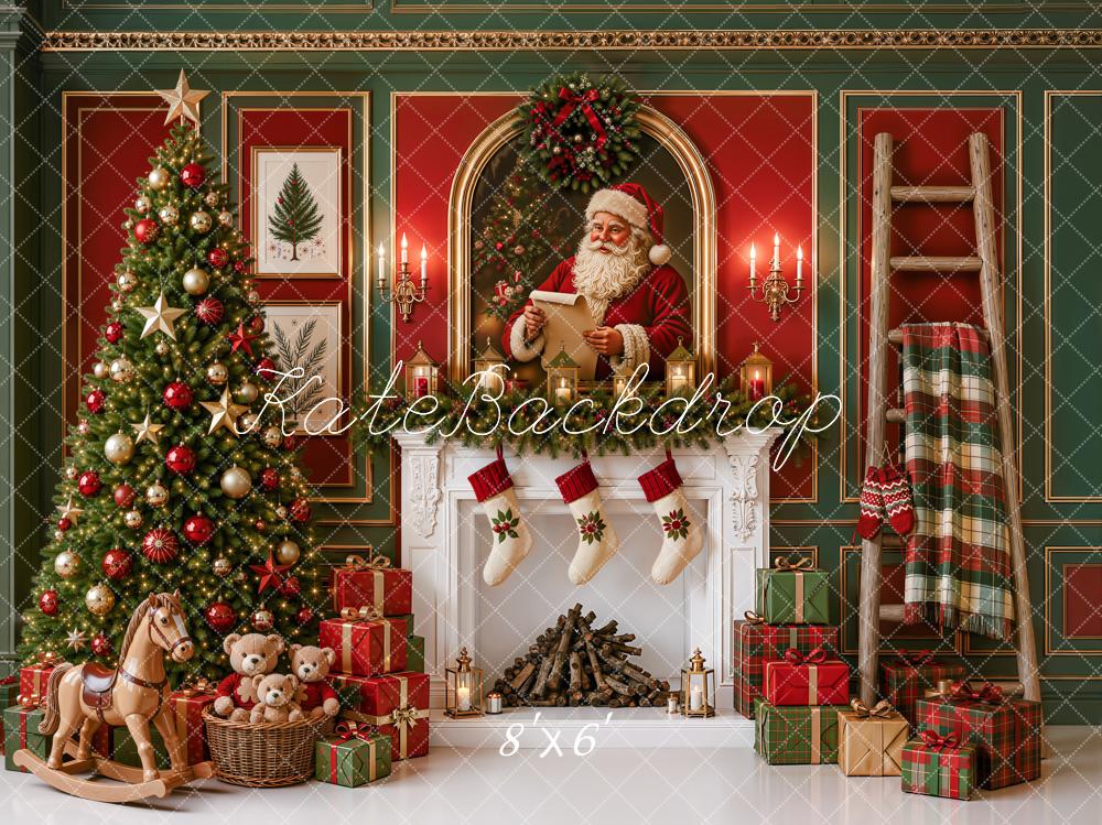 Kate Christmas Tree Santa Fireplace Rocking Horse Red Wall Printed Backdrop Designed by Emetselch