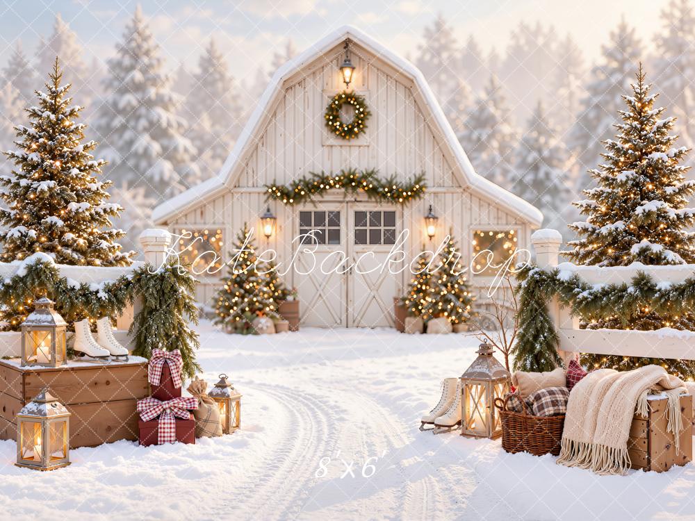 Kate Christmas Snowy White Barn Pine Trees Farmhouse Printed Backdrop Designed by Emetselch