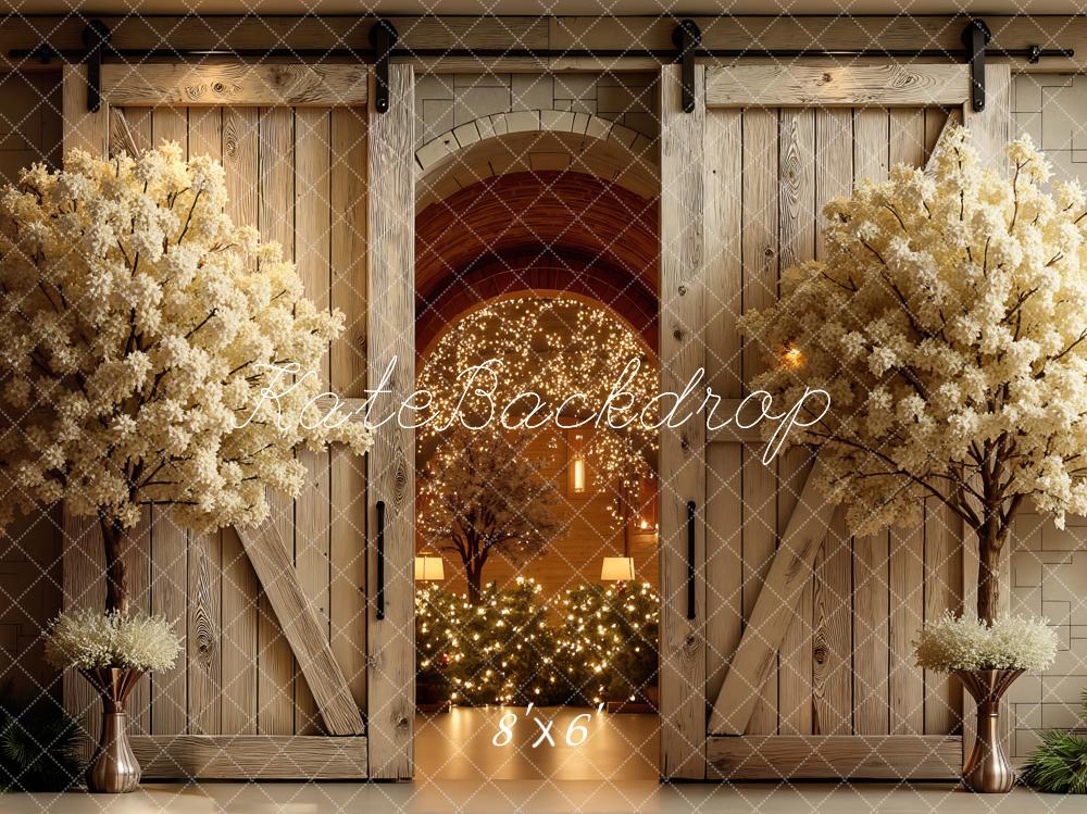 Kate Spring Flower Arch Wooden Doors Warm Lights Printed Backdrop Designed by Mini MakeBelieve