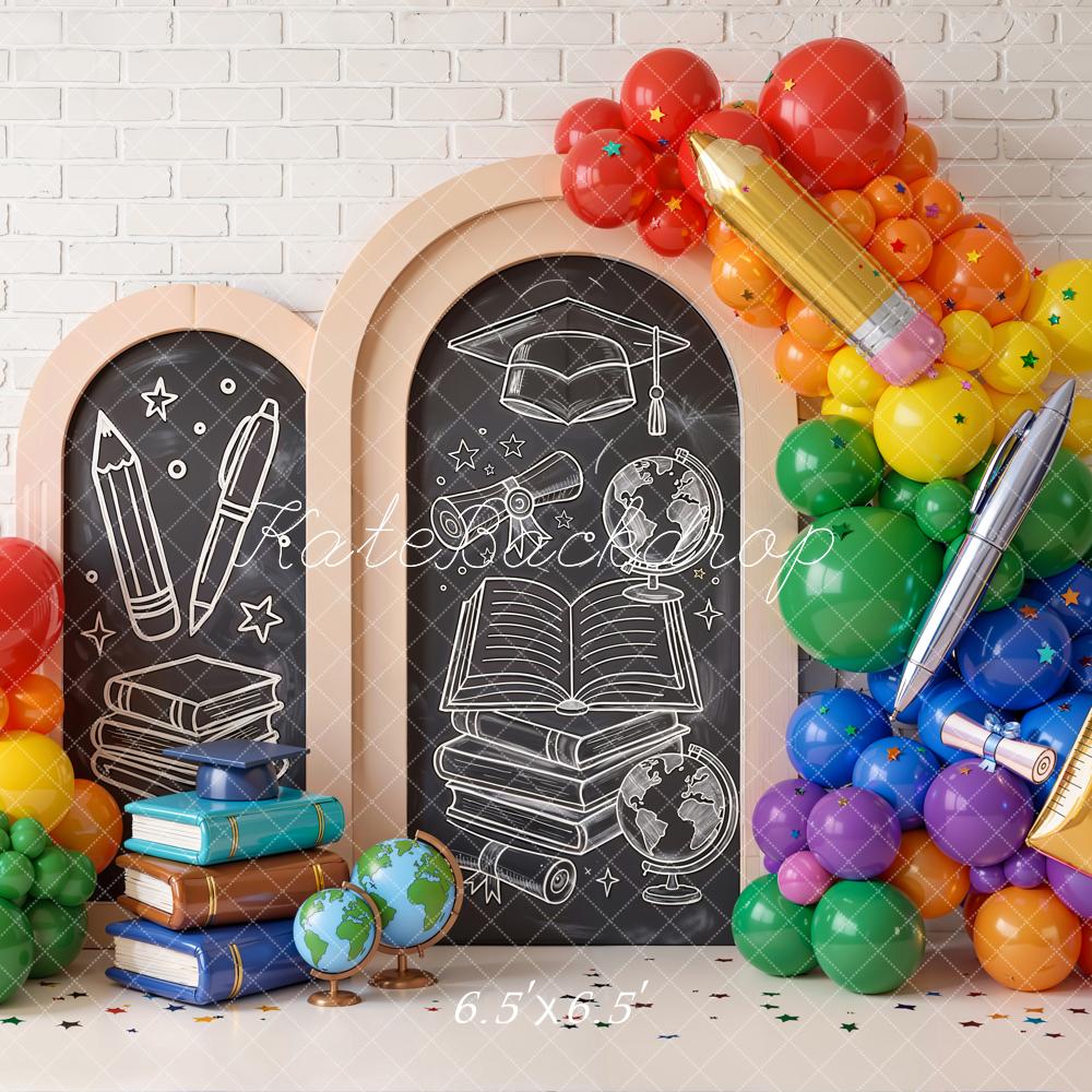 Kate Back to School Chalkboard Arch Books Balloons Globes Printed Backdrop Designed by Emetselch