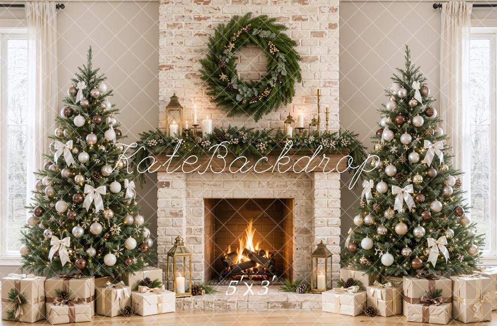 Kate Christmas Brick Fireplace Christmas Trees Wreath Bow Printed Backdrop Designed by Emetselch