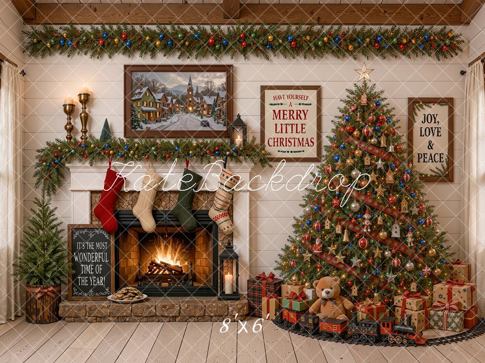 Kate Christmas Fireplace Christmas Tree Toys Train Rustic Printed Backdrop Designed by Shutter Swan Studios