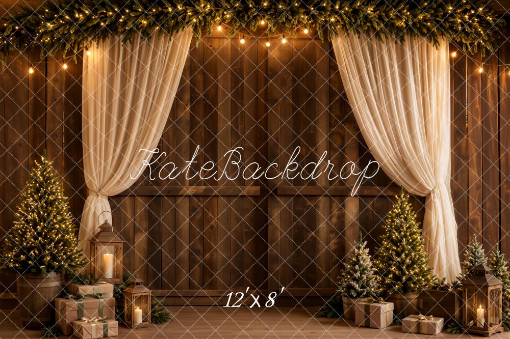 Kate Christmas Tree Garland Curtain Rustic Wooden Wall Printed Backdrop Designed by Emetselch