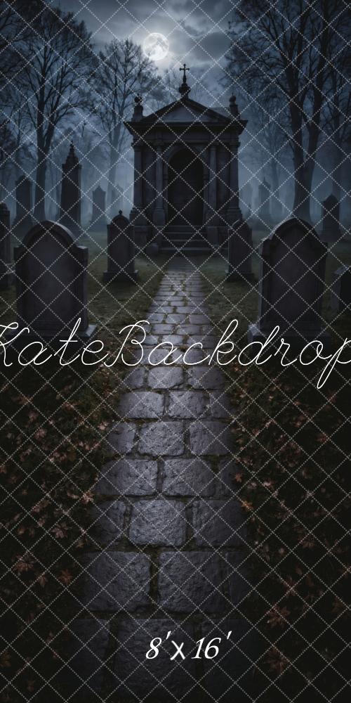 Kate Sweep Halloween Graveyard Mausoleum Cobblestone Path Moonlit Night Printed Backdrop Designed by Vertigo Productions