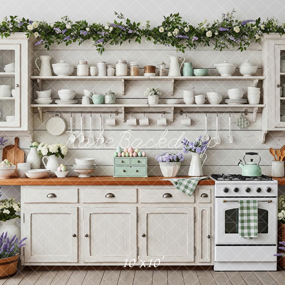 Kate Vintage Kitchen Cabinets Lavender Flowers Backdrop Designed by Patty Roberts