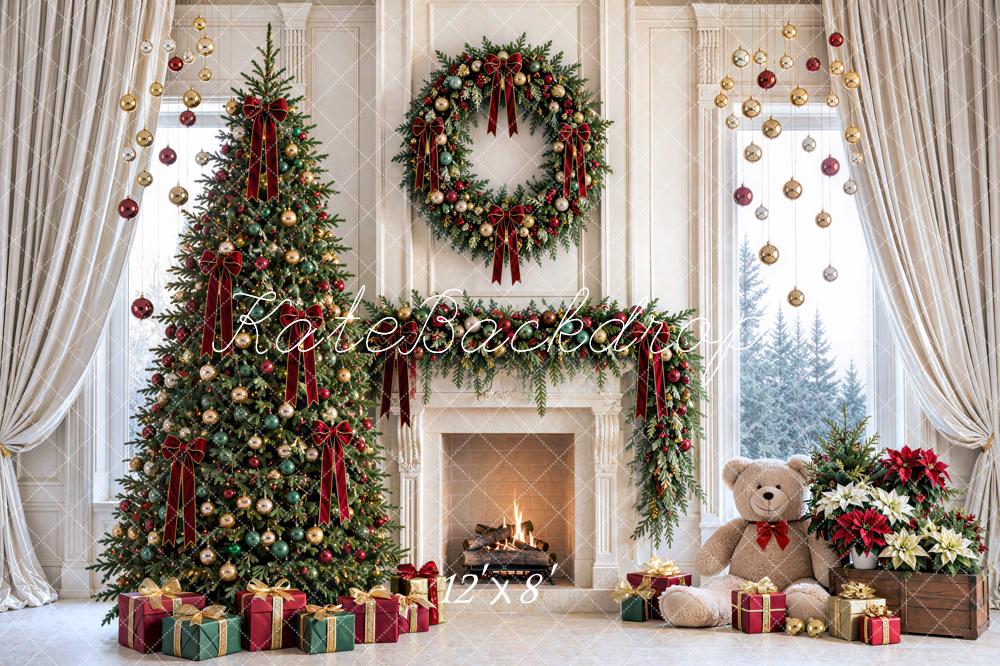Kate Christmas Tree Wreath Fireplace Ornaments Printed Backdrop Designed by Mini MakeBelieve