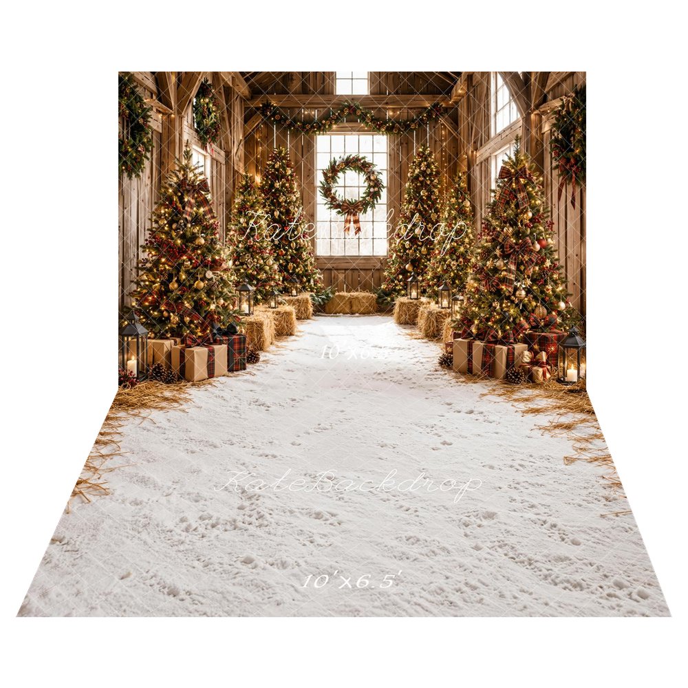 Kate Christmas Rustic Barn Trees Wreath Printed Backdrop+White Snowy Hay Floor Printed Backdrop