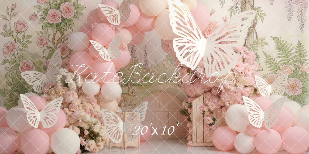 Kate Cake Smash Flower Arch Pink Balloons Roses Butterflies Printed Backdrop Designed by Emetselch