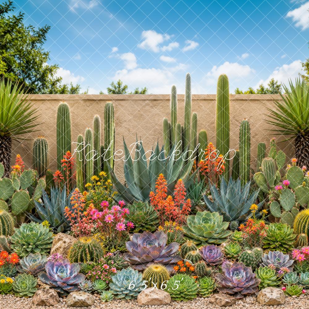 Kate Outdoor Cactus Succulent Garden Stone Wall Printed Backdrop Designed by Megan Leigh Photography
