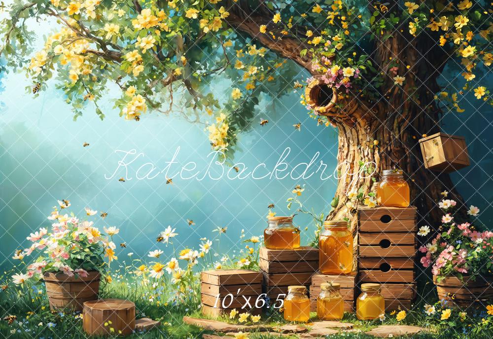 Kate Spring Floral Tree with Honey Jars Printed Backdrop for Kid Portraits Designed by Emetselch
