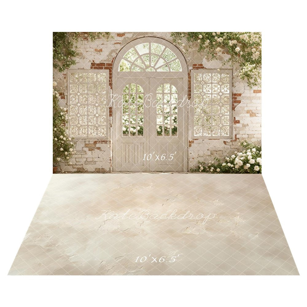 Kate Spring White Brick Arch Door Floral Window Printed Backdrop+Beige Abstract Texture Printed Floor Backdrop