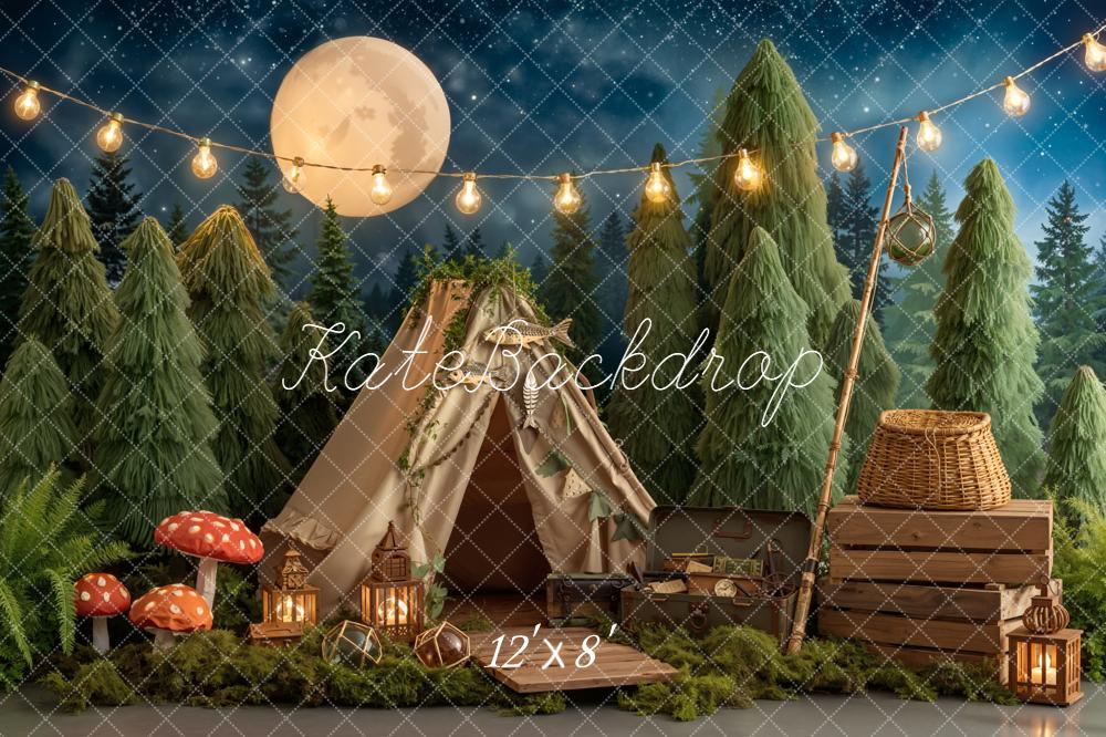 Kate Forest Tent Campfire Lantern Night Sky Printed Backdrop Designed by Emetselch
