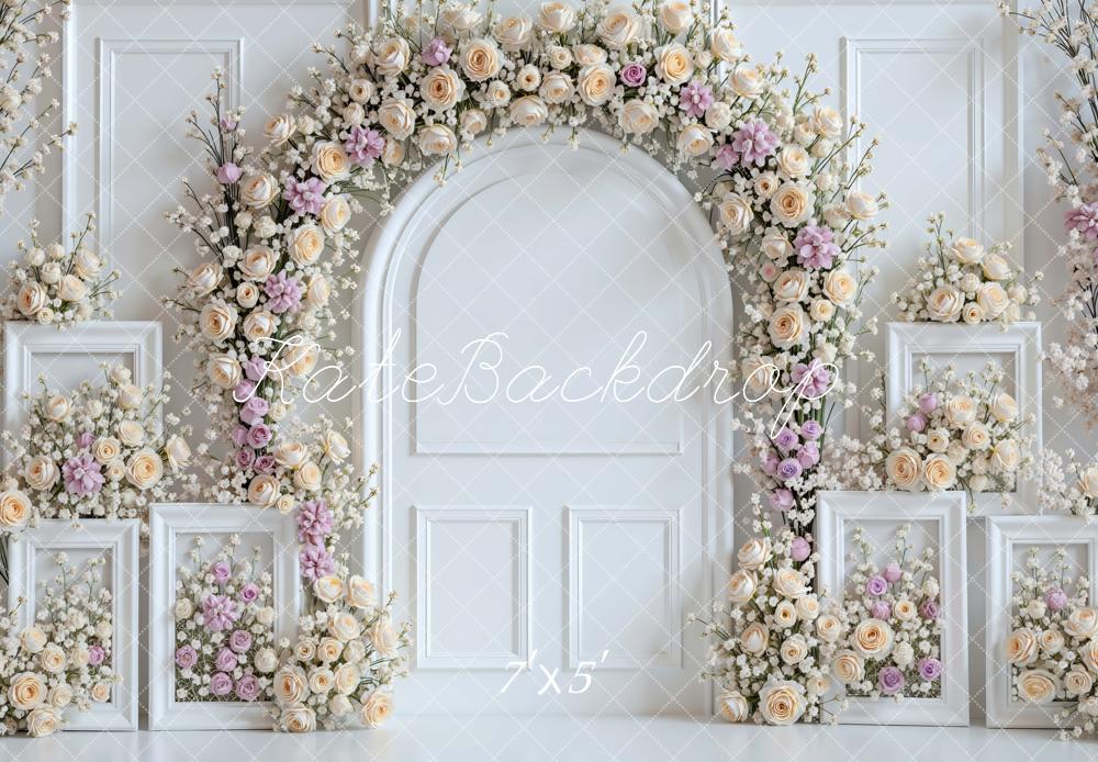 Kate Spring Flower Arch White Wall Frames Pastel Roses Backdrop Designed by Mini MakeBelieve