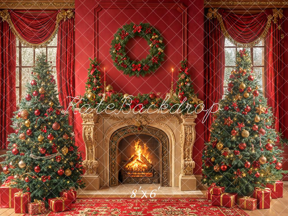 Kate Christmas Trees Vintage Fireplace Wreath Red Curtains Backdrop Designed by Emetselch