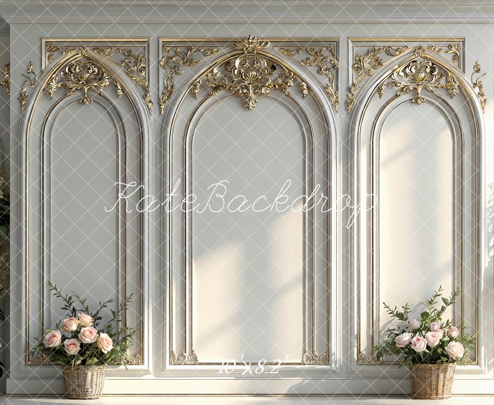 Kate White Gold Ornate Arch Wall With Flower Baskets Backdrop Designed by Mini MakeBelieve
