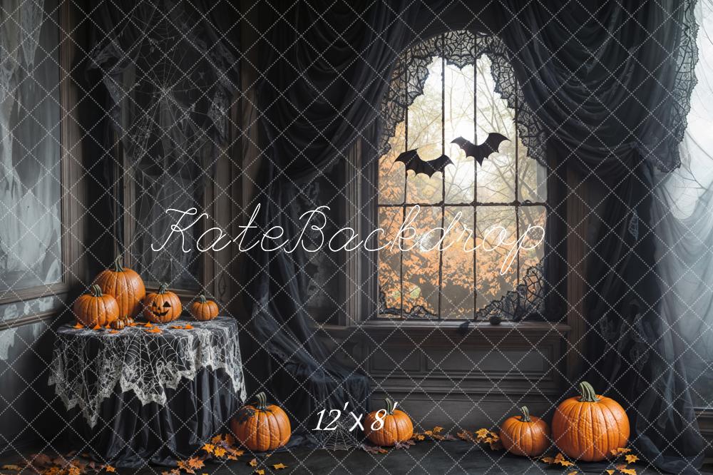 Kate Halloween Gothic Spider Web Window Pumpkins Bats Printed Backdrop Designed by Emetselch