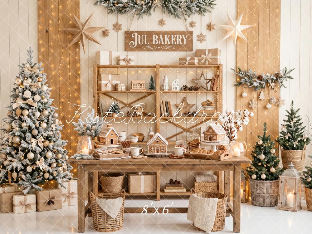 Kate Christmas Kitchen Bakery Gingerbread House Trees Neutral Printed Backdrop Designed by Patty Roberts