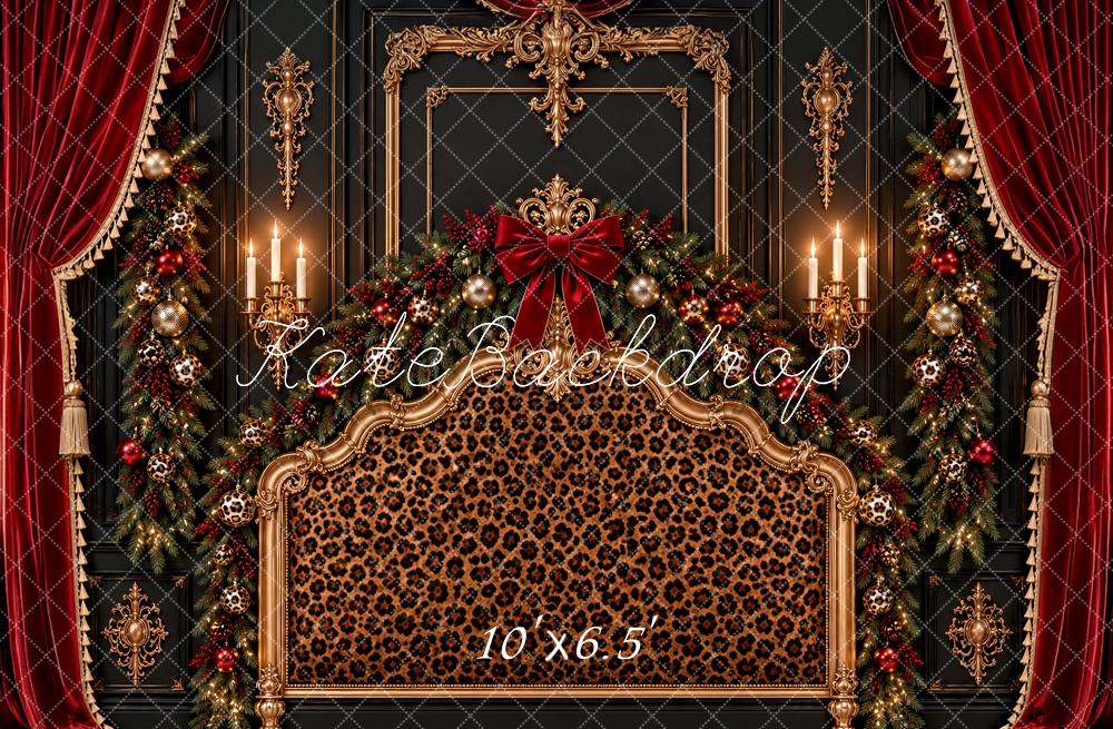 Kate Christmas Leopard Print Headboard Red Curtain Ornate Frame Printed Backdrop Designed by Ashley Paul