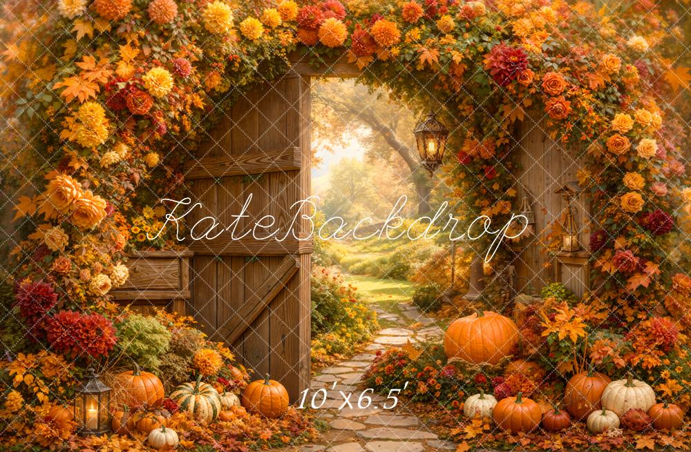 Kate Fall Flower Arch Wood Door Pumpkin Garden Printed Backdrop Designed by Emetselch