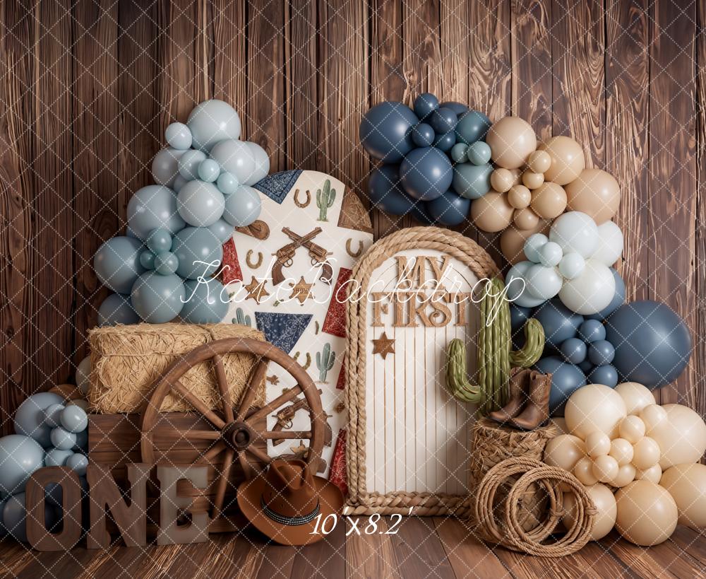 Kate Western Cowboy Balloons Cactus Wagon Wheel Brown Wood Printed Backdrop Designed by Emetselch