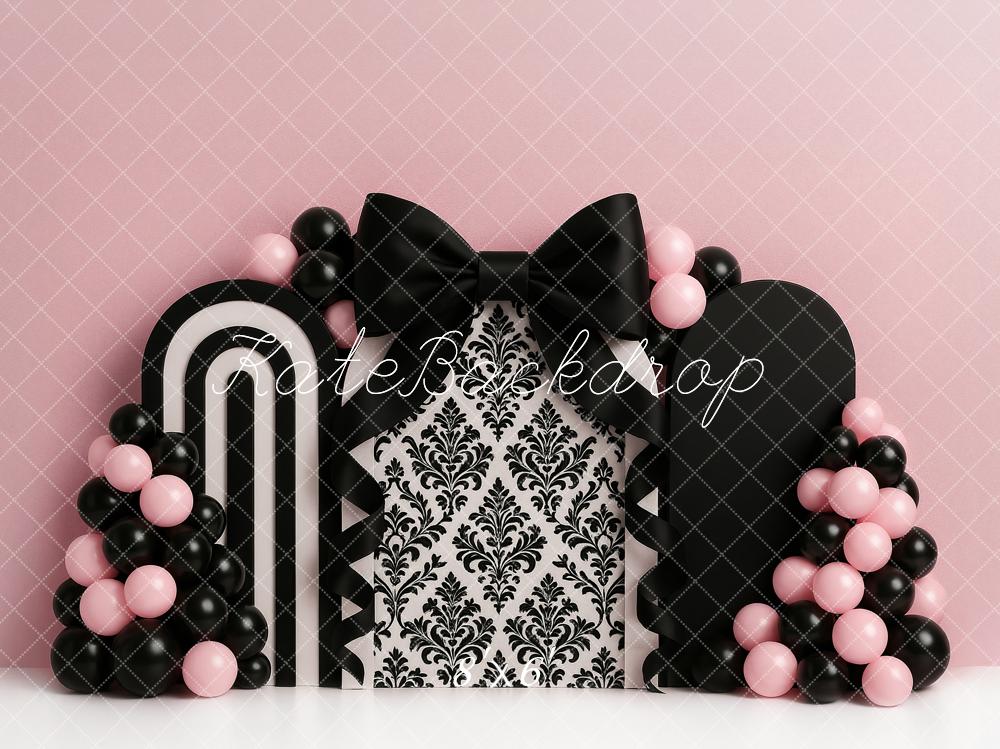 Kate Cake Smash Pink Black Bow Luxury Balloon Backdrop Designed by Ashley Paul